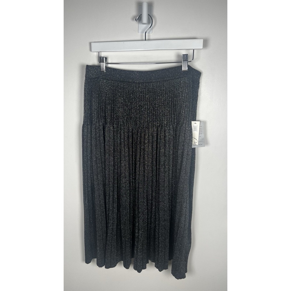 Eliza J Size Large Black Metallic Pleated Knit Elastic Waist MIDI Skirt‎ NEW - Picture 2 of 7